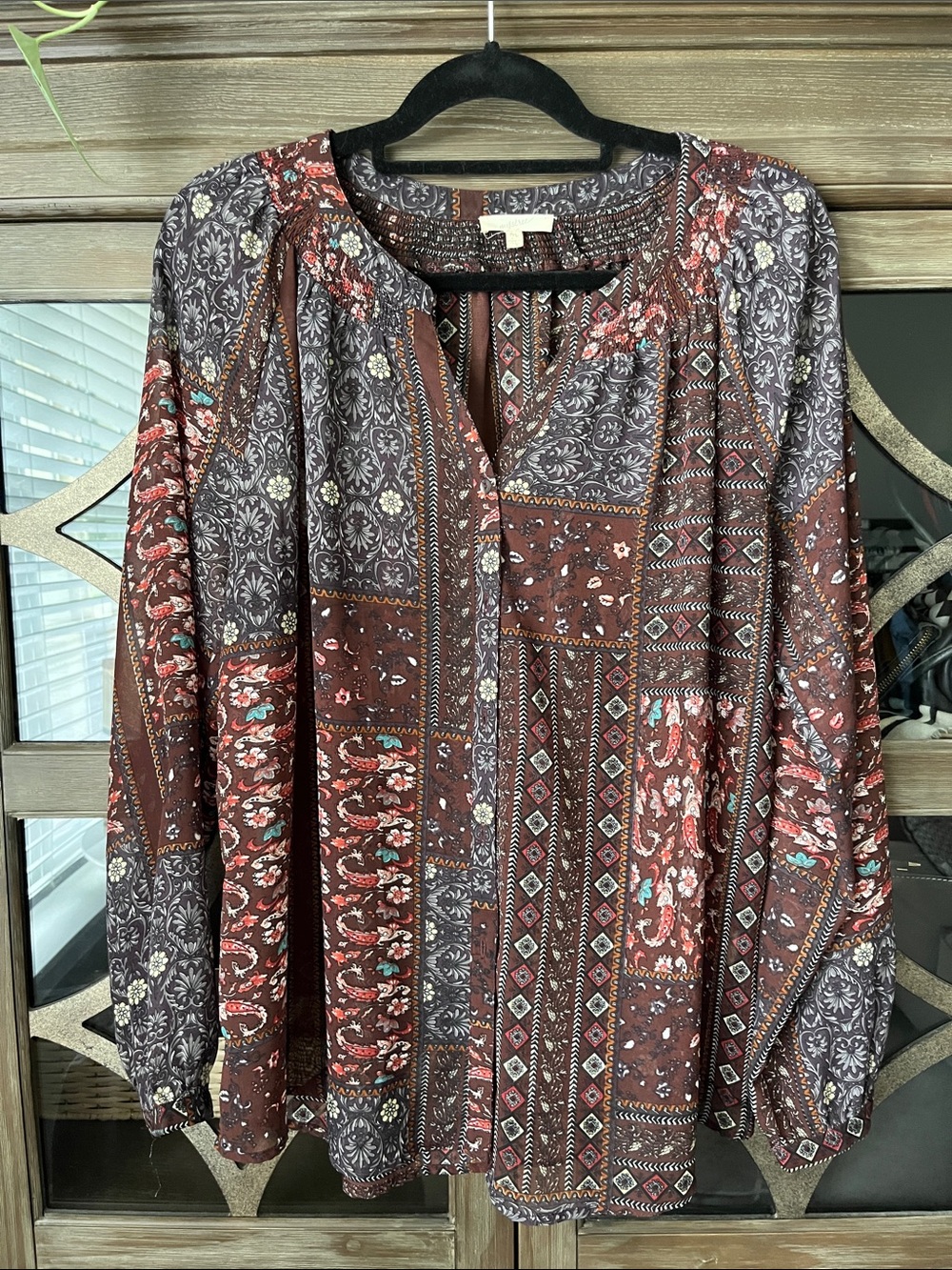 Mystree Brown Patchwork Boho Tunic with Rust and Charcoal Accents